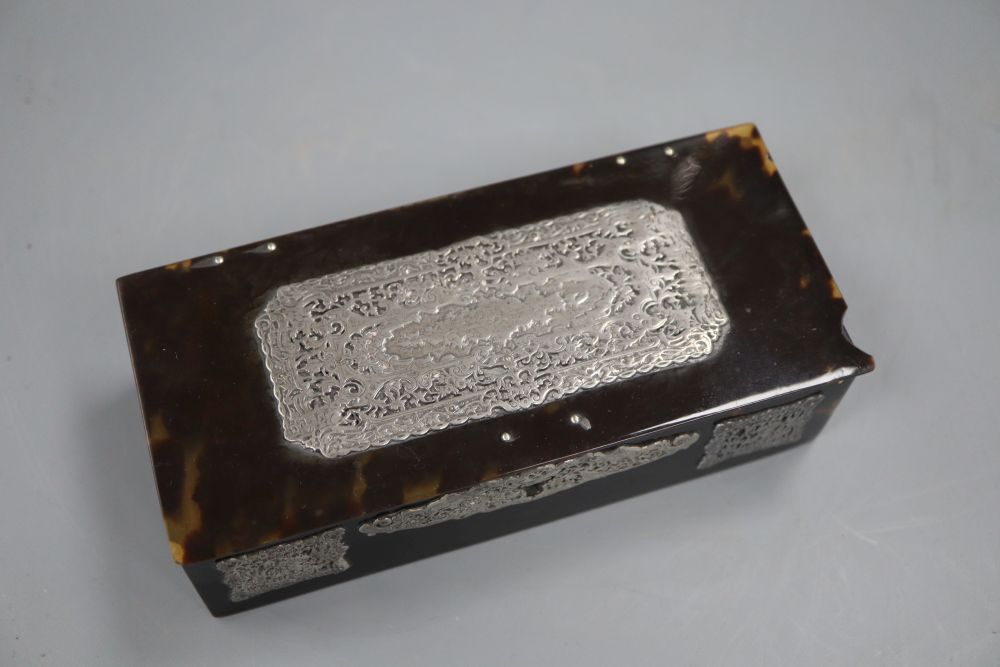 A tortoiseshell silver inlaid box, width 15cm